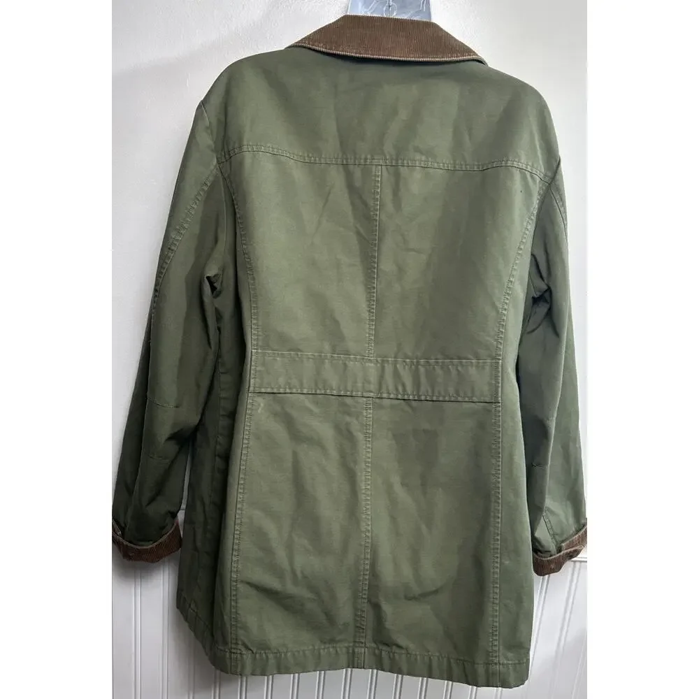 LL Bean Jacket Barn Chore Field Coat Corduroy Trim Flannel Lined Green Women M - Picture 4 of 11